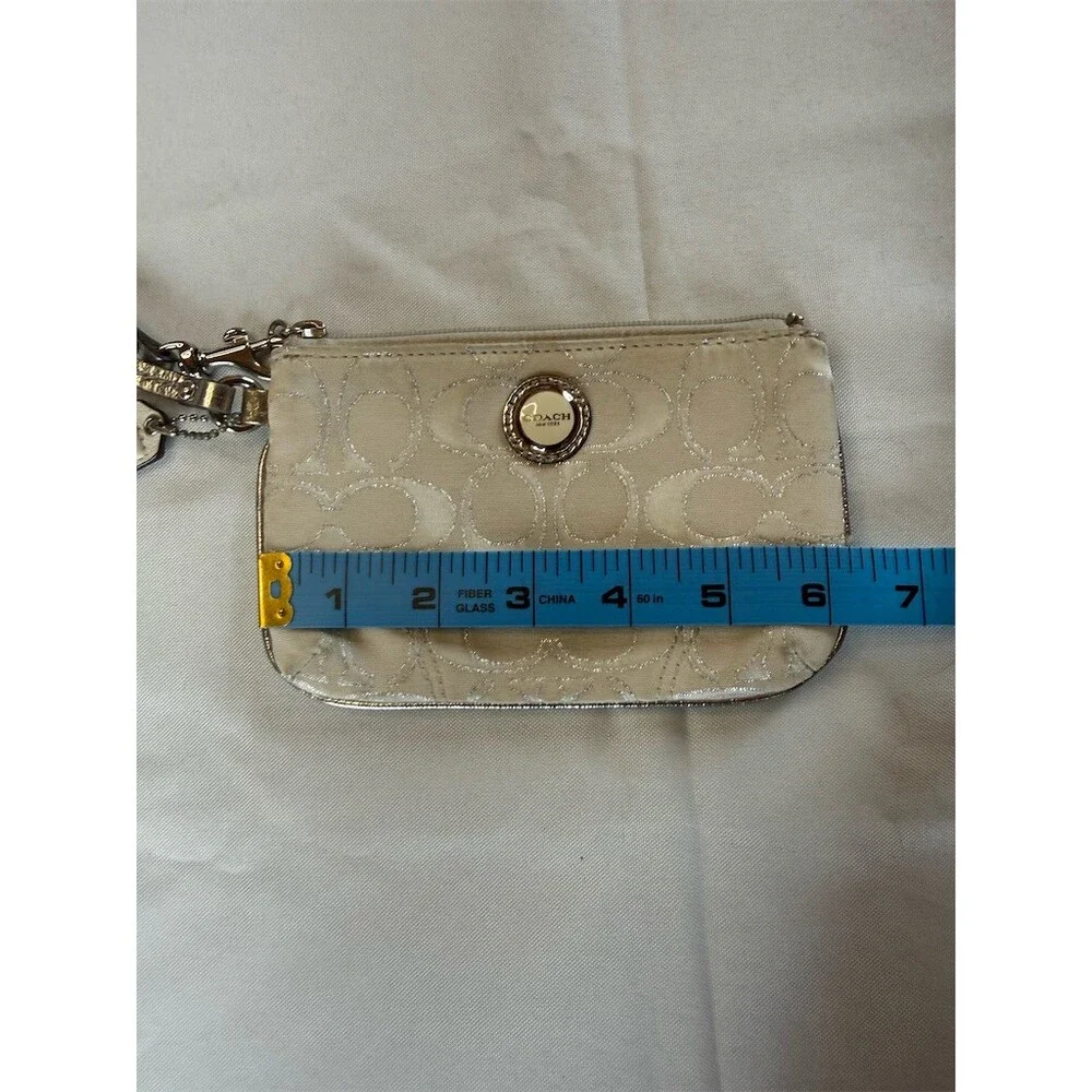 Coach Signature C Wristlet Clutch Cream Khaki Silver Small Zip Pouch Strap